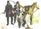 Three Native American Soldiers in various poses next to a horse