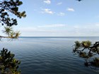Looking through tree branches at a huge, blue lake as far as the eye can see. 