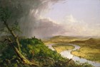 Painting of wilderness landscape with mountains and trees. 