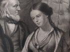 Engraving of woman seated, looking down, surrounded by standing figures
