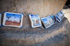 Paintings of Joshua Trees propped up outside.