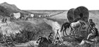 An illustration of a string of covered wagons, with an encampment scene in the foreground.