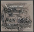 A bird's-eye-view drawing of people in a courtroom