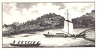 A black and white print of a river with two long boats. Each boat has several men paddling them.