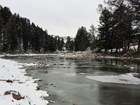 An icy river lined with snow and evergreen trees