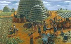 An illustration of an American Indian thatched-hut village.