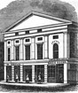 Black and white drawing of the exterior of a building, three stories with a peaked roof