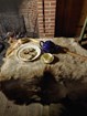 Small cookies and a tea pot sitting on an elk hide.