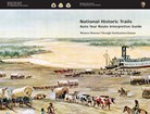 The cover of a travel guide that has an illustration of a covered wagon train in the plains.