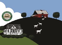 colorful line drawing illustration of the Sandburg Home, barn and goats