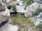 A pool of water surrounded by boulders and grass.