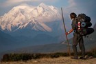 A backpacker admires a view of Denali.