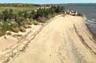 a panoramic view of a sandy peninsula with dune plants and salt mash in the background.