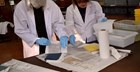 Two preservation professionals are shown placing paper towels between the pages of two wet books.