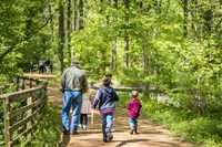Family walking park trail lined by split-rail fence and trees.