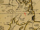 Map of seaside settlements in Rhode Island. Red arrow points to “Swansey” with symbol of a house