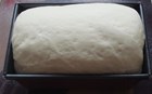 A risen bread loaf in a tin pan.
