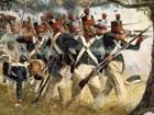 Row of soldiers fire muskets out from line of trees