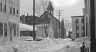 Black and white photo of Bentley Street in Salem after a heavy snowfall.