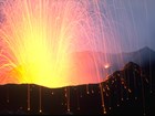 volcanic eruption with glowing lava seen at night