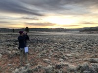 A man wearing a clipboard looks through binoculars at dawn in field of sagebrush