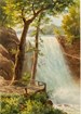 A watercolor painting of a waterfall with trees in the foreground. 