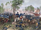 Man in blue coat on white horse points forward, surrounded by soldiers and clouds from gunfire.