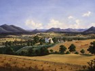 A painting depicts an 1800s plantation with workers reaping and stacking wheat with hand tools.
