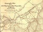 Map of battlefield with grid lines of town of Port Republic and south fork of Shenandoah River.