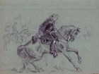Pencil drawing depicting man in military uniform and boots on his horse, bowing with hat in hand