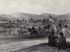 In an 1860s sketch, officers and civilians watch soliders parade in a mountain valley.