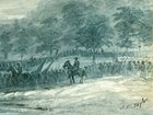 Soldiers cross a river under cover of dark in a watercolored 1864 sketch.