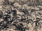An ink line drawing depicts intense fighting around a US Army flag bearer in the Civil War.