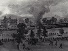 An 1864 sketch depicts columns of soliders retreating from a burning camp near a plantation house.