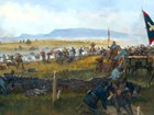 A full color painting illustrates a Civil War battle with artillery, cavalrymen, and foot soldiers.