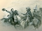 An 1864 sketch depicts two Civil War officers on horseback having an animated talk amid battle.