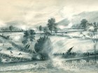 An 1864 sketch depicts an armed battle on farm fields at a distance.