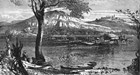 Black and white image of a ferry boat on a river.