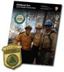 Cover of the wildland firefighter junior ranger booklet with badge.