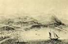 A yellow illustration of Kawaihae Bay depicting boats, homes, and a mountain range