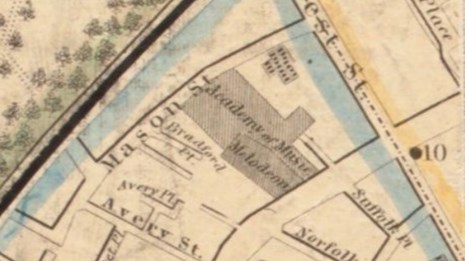 map snippet featuring academy of music and melodeon hall at the center