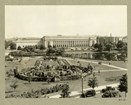 lush garden with open area, pond, and large building in distance