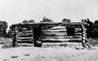 Rough, single story log cabin with door and window in shrubby desert
