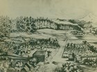 Sketch of small rustic village from above, surrounded by evergreen forest and snow peak in distance