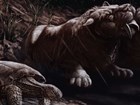 painting of a turtle and a sabre toothed cat
