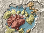 a shaded relief of a volcanic caldera with rim outlined, and domes and cones colored