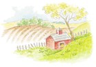 Drawing of a farm field with barn