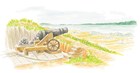 Drawing of cannon on hill above a river