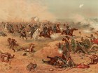 A red-tinted color 1880s print depicts a heroic cavalry charge.