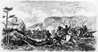 Black and white lithograph of mounted horseman attacking native americans in a narrow hollow